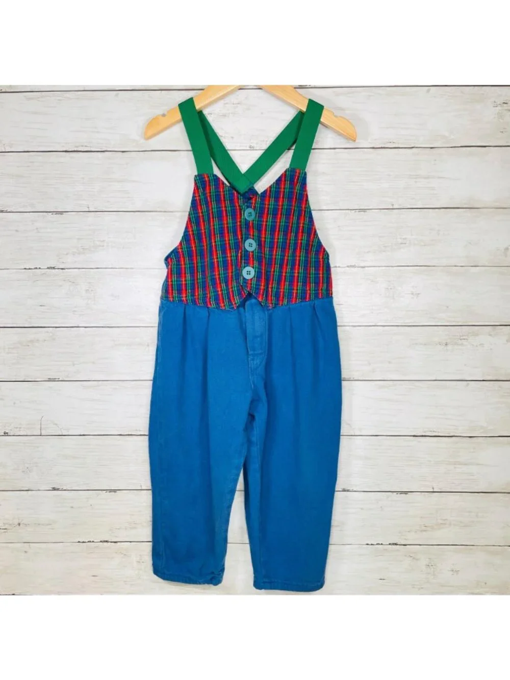 Vintage OshKosh Plaid Vest Elastic Suspender Overalls Romper Outfit 3T